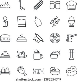 Thin Line Icon Set - cafe vector, waiter, cook hat, reception, drink, coffee, salad, bacon, egg stand, salt and pepper, bread, chicken, kebab, ham, hamburger, ladle, rolling pin, cutting board