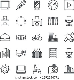 Thin Line Icon Set - cafe vector, airport building, sun, fireplace, syringe, bike, earth, satellite, camera, tv, laptop pc, radio phone, play button, mobile, office, calculator, chair, heater, chip