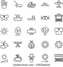 Thin Line Icon Set - cafe vector, sun, flower in pot, lawn mower, butterfly, lady bug, pond, brightness, pool, fruit tree, mountains, table, restaurant, alcove