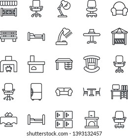 Thin Line Icon Set - cafe vector, bed, checkroom, office chair, desk, bench, fireplace, lamp, bedroom, children room, cushioned furniture, restaurant table, alcove, fridge