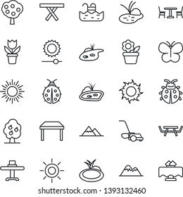 Thin Line Icon Set - cafe vector, sun, flower in pot, lawn mower, butterfly, lady bug, pond, picnic table, brightness, pool, fruit tree, mountains, restaurant