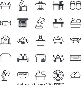 Thin Line Icon Set - cafe vector, baby room, reception, flight table, desk, meeting, manager place, picnic, lamp, restaurant, serviette, reserved, salt and pepper
