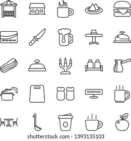 Thin Line Icon Set - cafe vector, coffee, restaurant table, serviette, reserved, reception, beer, bacon, salt and pepper, building, candle, alcove, credit card, hamburger, ladle, cutting board