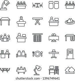 Thin Line Icon Set - cafe vector, reception, flight table, medical room, desk, meeting, manager place, picnic, lamp, restaurant, serviette, salt and pepper