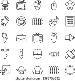 Thin Line Icon Set - cafe vector, tv, right arrow, office chair, case, mouse, tie, stamp, fence, glove, real heart, satellite, tulip, cut, music, abacus, cushioned furniture, dress code, chip