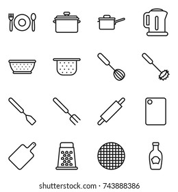 thin line icon set : cafe, pan, saute, kettle, colander, whisk, spatula, big fork, rolling pin, cutting board, grater, sieve, ketchup