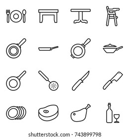 thin line icon set : cafe, table, Chair for babies, pan, skimmer, knife, chef, plates, steake, chicken leg, wine