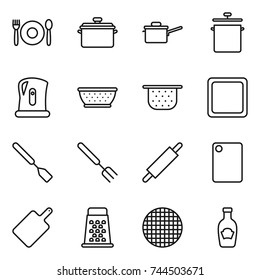 thin line icon set : cafe, pan, saute, kettle, colander, cutting board, spatula, big fork, rolling pin, grater, sieve, ketchup