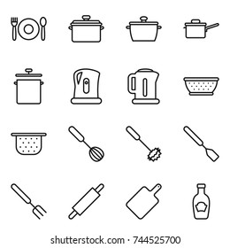 thin line icon set : cafe, pan, saute, kettle, colander, whisk, spatula, big fork, rolling pin, cutting board, ketchup