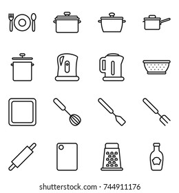 thin line icon set : cafe, pan, saute, kettle, colander, cutting board, whisk, spatula, big fork, rolling pin, grater, ketchup