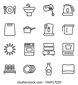 thin line icon set : cafe, sink, mixer, kettle, cutting board, saute pan, measuring cup, gas oven, double boiler, cooking book, spices, plates, ketchup, sponge