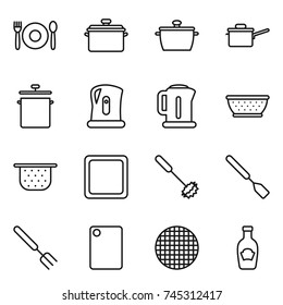 thin line icon set : cafe, pan, saute, kettle, colander, cutting board, whisk, spatula, big fork, sieve, ketchup