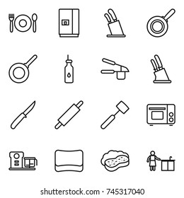 thin line icon set : cafe, fridge, stands for knives, pan, vegetable oil, garlic clasp, knife holder, rolling pin, meat hammer, grill oven, food processor, sponge, with foam, kitchen cleaning