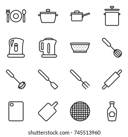 thin line icon set : cafe, pan, saute, kettle, colander, whisk, spatula, big fork, rolling pin, cutting board, sieve, ketchup