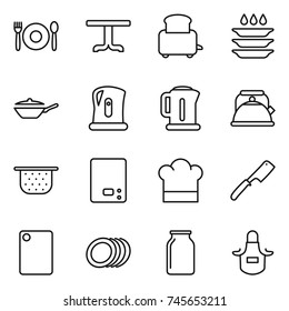 thin line icon set : cafe, table, toaster, plate washing, pan, kettle, colander, kitchen scales, cook hat, chef knife, cutting board, plates, bank, apron
