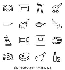 thin line icon set : cafe, table, Chair for babies, pan, skimmer, knife holder, microwave oven, cooking book, plates, fork spoon plate, steake, chicken leg, wine