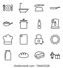 thin line icon set : cafe, bath, cutting board, pan, vegetable oil, kettle, cook hat, toaster, induction oven, bank, bread, sponge with foam, kitchen cleaning
