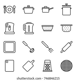 thin line icon set : cafe, pan, saute, kettle, colander, cutting board, whisk, big fork, rolling pin, grater, sieve