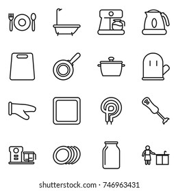 thin line icon set : cafe, bath, coffee maker, kettle, cutting board, pan, cook glove, elecric oven, blender, food processor, plates, bank, kitchen cleaning