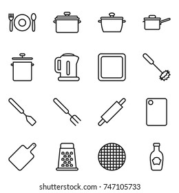 thin line icon set : cafe, pan, saute, kettle, cutting board, whisk, spatula, big fork, rolling pin, grater, sieve, ketchup