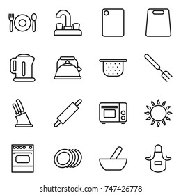 thin line icon set : cafe, water tap, cutting board, kettle, colander, big fork, knife holder, rolling pin, grill oven, gas, plates, mortar, apron