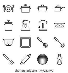 thin line icon set : cafe, pan, saute, kettle, colander, cutting board, whisk, big fork, rolling pin, sieve, ketchup
