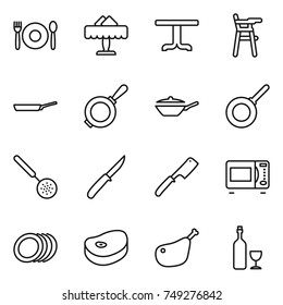 thin line icon set : cafe, restaurant, table, Chair for babies, pan, skimmer, knife, chef, microwave oven, plates, steake, chicken leg, wine