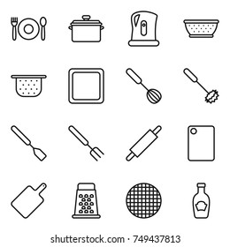 thin line icon set : cafe, pan, kettle, colander, cutting board, whisk, spatula, big fork, rolling pin, grater, sieve, ketchup