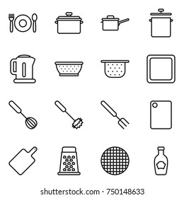 thin line icon set : cafe, pan, saute, kettle, colander, cutting board, whisk, big fork, grater, sieve, ketchup