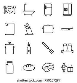 thin line icon set : cafe, bath, fridge, cutting board, stands for knives, pan, vegetable oil, big fork, salt pepper, bank, bread, sponge with foam, kitchen cleaning