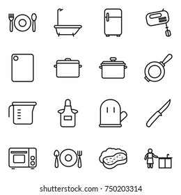 thin line icon set : cafe, bath, fridge, mixer, cutting board, pan, measuring cup, apron, cook glove, knife, grill oven, fork spoon plate, sponge with foam, kitchen cleaning
