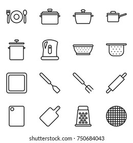 thin line icon set : cafe, pan, saute, kettle, colander, cutting board, spatula, big fork, rolling pin, grater, sieve