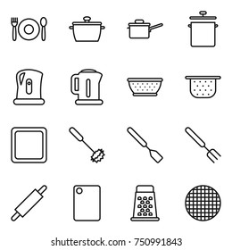 thin line icon set : cafe, pan, saute, kettle, colander, cutting board, whisk, spatula, big fork, rolling pin, grater, sieve