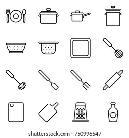 thin line icon set : cafe, pan, saute, colander, cutting board, whisk, spatula, big fork, rolling pin, grater, ketchup