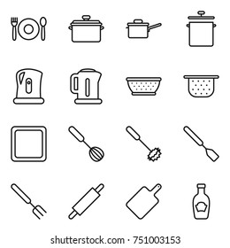 thin line icon set : cafe, pan, saute, kettle, colander, cutting board, whisk, spatula, big fork, rolling pin, ketchup