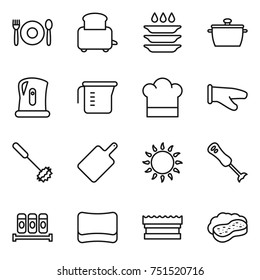 thin line icon set : cafe, toaster, plate washing, pan, kettle, measuring cup, cook hat, glove, whisk, cutting board, gas oven, blender, spices, sponge, with foam