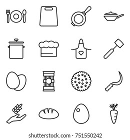 thin line icon set : cafe, cutting board, pan, chief hat, apron, meat hammer, eggs, pasta, cookies, sickle, harvest, bread, egg, carrot