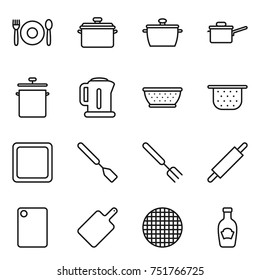 thin line icon set : cafe, pan, saute, kettle, colander, cutting board, spatula, big fork, rolling pin, sieve, ketchup