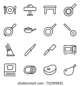 thin line icon set : cafe, restaurant, table, pan, skimmer, knife holder, chef, microwave oven, cooking book, plates, steake, chicken leg
