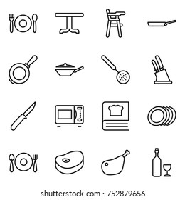 thin line icon set : cafe, table, Chair for babies, pan, skimmer, knife holder, microwave oven, cooking book, plates, fork spoon plate, steake, chicken leg, wine