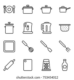 thin line icon set : cafe, pan, saute, kettle, colander, cutting board, whisk, spatula, big fork, rolling pin, grater, ketchup