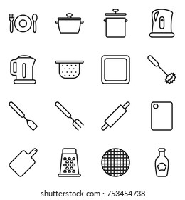 thin line icon set : cafe, pan, kettle, colander, cutting board, whisk, spatula, big fork, rolling pin, grater, sieve, ketchup
