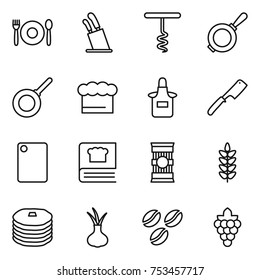 thin line icon set : cafe, stands for knives, corkscrew, pan, chief hat, apron, chef knife, cutting board, cooking book, pasta, spikelets, pancakes, onion, coffee seeds, grape