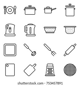 thin line icon set : cafe, pan, saute, kettle, colander, cutting board, whisk, big fork, rolling pin, grater, sieve
