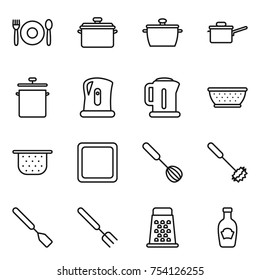 thin line icon set : cafe, pan, saute, kettle, colander, cutting board, whisk, spatula, big fork, grater, ketchup