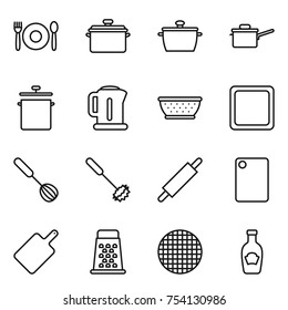 thin line icon set : cafe, pan, saute, kettle, colander, cutting board, whisk, rolling pin, grater, sieve, ketchup