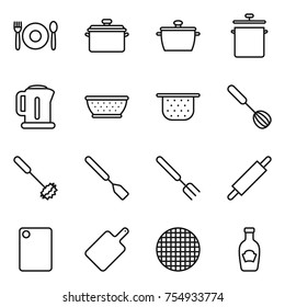 thin line icon set : cafe, pan, kettle, colander, whisk, spatula, big fork, rolling pin, cutting board, sieve, ketchup