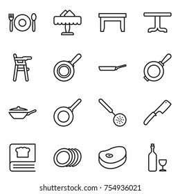 thin line icon set : cafe, restaurant, table, Chair for babies, pan, skimmer, chef knife, cooking book, plates, steake, wine