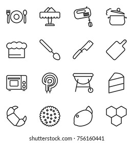 Thin line icon set : cafe, restaurant, mixer, steam pan, chief hat, big spoon, chef knife, cutting board, grill oven, elecric, bbq, cake, croissant, cookies, lemon, honeycombs