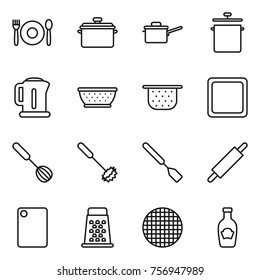Thin line icon set : cafe, pan, saute, kettle, colander, cutting board, whisk, spatula, rolling pin, grater, sieve, ketchup